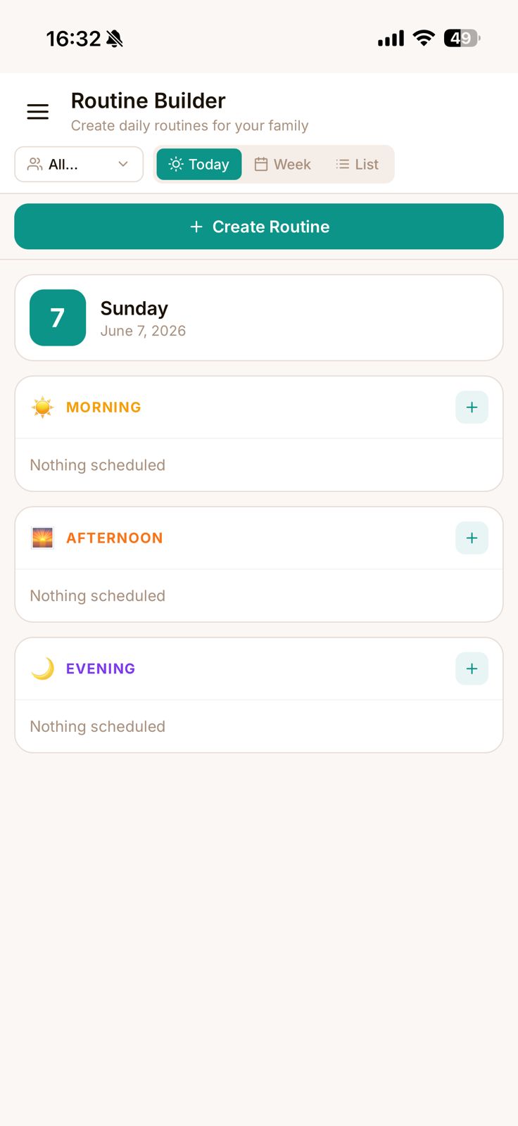 mAmI Routine Builder screen — a calm daily plan split into morning, afternoon and evening, with nothing overdue