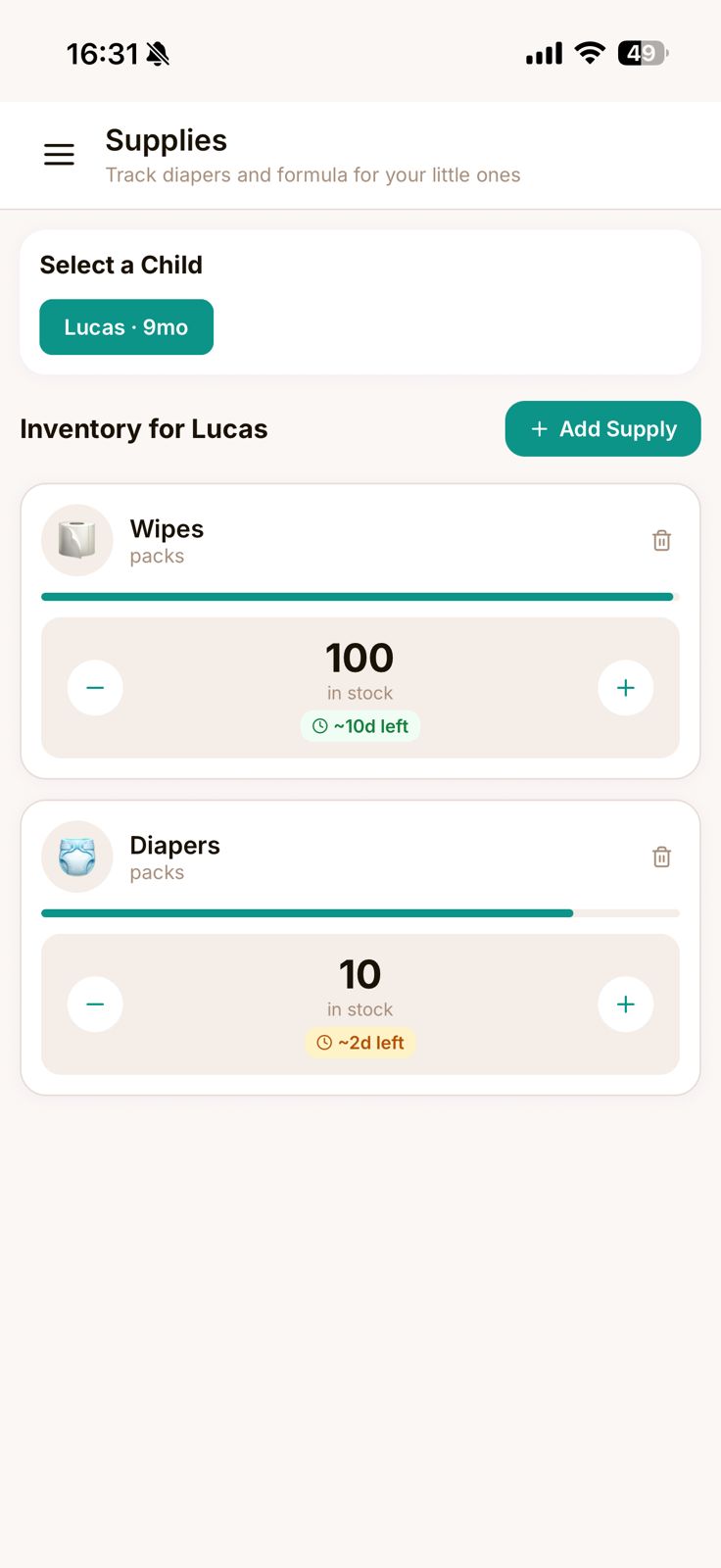 mAmI Supplies screen — tracking diapers and wipes with a gentle low-stock heads-up