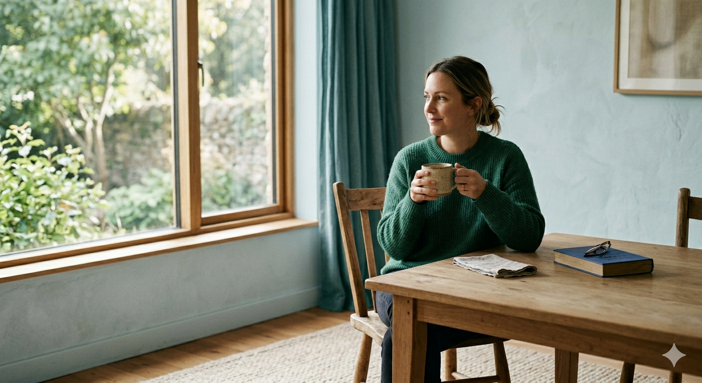 A mother sitting by a sunlit window with both hands around a warm mug, looking out at the garden